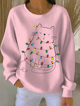 Saar - Weihnachtsstrickpullover mit Katzenmotiv – Rosa