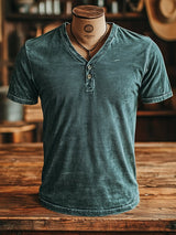 Klassisches Retro-T-Shirt für Herren mit Knopfleiste und V-Ausschnitt, 100 % Baumwolle, kurze Ärmel – Türkis