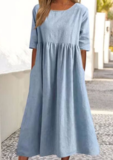 Elegantes Baumwoll-Leinen Kleid mit praktischen Taschen – Hellblau