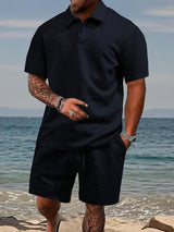 Niall - Strukturiertes Set aus Poloshirt und Shorts – Dunkelblau