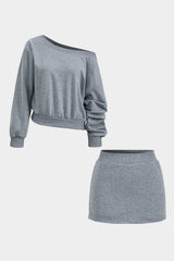 Lilli | Trendiges Zweiteiler-Set mit One-Shoulder-Sweatshirt & Minirock – Grau