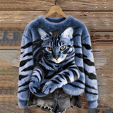 Jules – Weiches Plüsch Sweatshirt Mit Tabby Katzen Und Tiger Muster – Blau