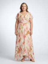 Elara | V-Ausschnitt Kurzarm Blumen Maxi Kleid – Pink