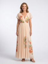 Calista | V-Ausschnitt Kurzarm Falten Maxi Kleid – Floral