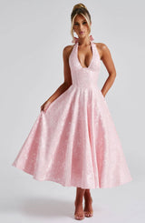 Rebecca - Jacquard Halter Neck Fit and Flare Midi Kleid – Rosa