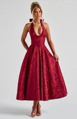 Rebecca - Jacquard Halter Neck Fit and Flare Midi Kleid – Rot