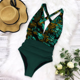 Damen Einteiler Sexy Faltiger Sommer Strandanzug aus Synthetik – Tropisches Grün