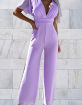 Damen-Jumpsuit mit weitem Bein und V-Ausschnitt – Violett