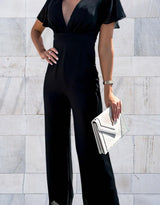 Damen-Jumpsuit mit weitem Bein und V-Ausschnitt – Schwarz