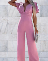 Damen-Jumpsuit mit weitem Bein und V-Ausschnitt – Rose