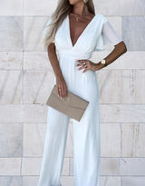 Damen-Jumpsuit mit weitem Bein und V-Ausschnitt – Weiß