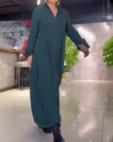 Elegantes Damen Maxikleid mit Seitenschlitz und Kragen – Grün