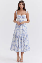 Geblümtes Midi-Sommerkleid – Blau