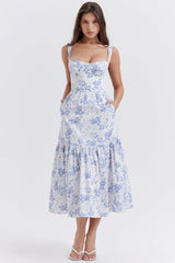 Damen-Midikleid aus Viskose mit Blumenmuster und V-Ausschnitt – Blau