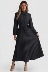 Emilia | Damen Plissee Midikleid Langarm – Schwarz
