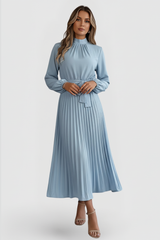 Emilia | Damen Plissee Midikleid Langarm – Hellblau