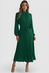 Emilia | Damen Plissee Midikleid Langarm – Grün