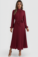 Emilia | Damen Plissee Midikleid Langarm – Rot