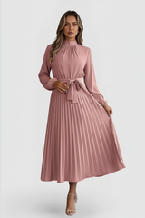 Emilia | Damen Plissee Midikleid Langarm – Rosa