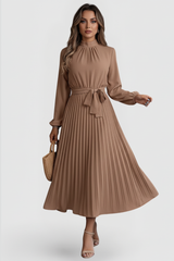 Emilia | Damen Plissee Midikleid Langarm – Khaki