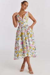 Elodie | Drapiert Hochzeitsgastkleid – Gelb Blumenmuster