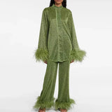 Claudia | Damen Glitzer Abendkleid Set Federärmel – Glitzer Set Federärmel 2026 – Vert Foncé