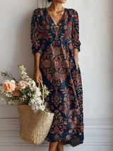 Esperanza | Damen Blumenkleid V-Ausschnitt Langarm Midi – Dunkelblau