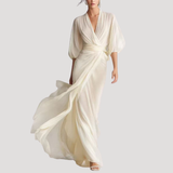 Estelle | Damen Wickel Maxikleid mit 3/4 Ärmeln – Cremeweiß