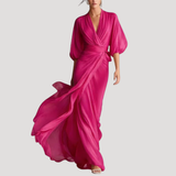 Estelle | Damen Wickel Maxikleid mit 3/4 Ärmeln – Fuchsia Rosa