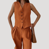 Evadne | Damen Ärmellose Weste Weit Hose Set – Orange