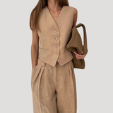 Evadne | Damen Ärmellose Weste Weit Hose Set – Khaki
