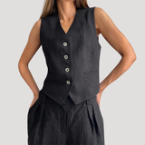 Evadne | Damen Ärmellose Weste Weit Hose Set – Schwarz