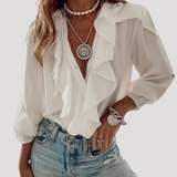 Evangelia | Damen V-Neck Rüschen Bluse mit Langarm – Weiß