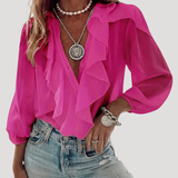 Evangelia | Damen V-Neck Rüschen Bluse mit Langarm – Rosa