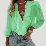 Evangelia | Damen V-Neck Rüschen Bluse mit Langarm – Grün