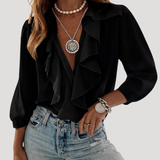 Evangelia | Damen V-Neck Rüschen Bluse mit Langarm – Schwarz