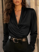 Evangeline | Damen Wickelbluse Langarm V-Ausschnitt – Schwarz