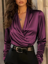 Evangeline | Damen Wickelbluse Langarm V-Ausschnitt – Lila