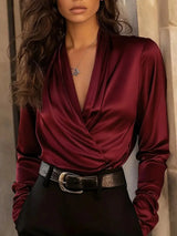Evangeline | Damen Wickelbluse Langarm V-Ausschnitt – Rot