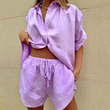 Leichtes Damen Sommer-Set: Bluse & Hose aus Leinen-Mix – Flieder
