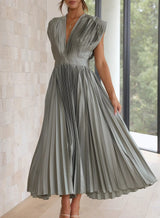 Cordelia - Solides Kurzarm-Maxikleid – Olive