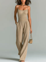 ElevenOra Stilvolles Kamel Strappy Ärmelloses Tailliertes Weites Bein Geripptes Strick-Jumpsuit – Kamel