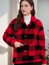 Damen Kuscheljacke Kariert | Knopfverschluss mit Kragen – Rot