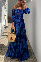 Mariela - Langes Maxikleid im mediterranen Stil mit freien Schultern – Blau
