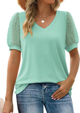 Lilia – Bluse mit Tüllärmeln und V-Ausschnitt – Türkis
