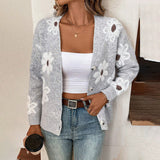 Daisy - Strickjacke mit Blumenmuster und Gänseblümchen – Hellgrau