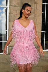 Wina - Luxuriöses Cocktailkleid mit Fransenbesatz – Rosa