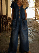 Denise | Denim-Overall mit V-Ausschnitt und kurzen Ärmeln – Dunkelblau