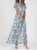 Junmie – Elegantes Chiffon-Maxikleid mit Blumenmuster – Blau