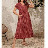 Aganietta - Neues Vintage-Kleid mit V-Ausschnitt aus Leinen und Baumwolle – Rot